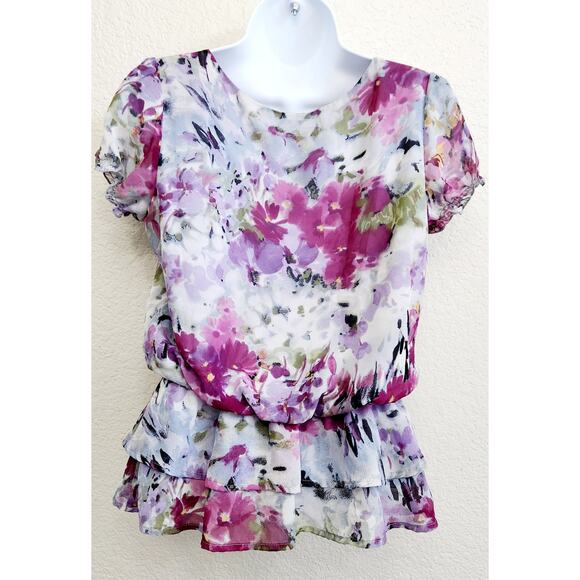 Sunny Leigh Purple Multicolor Floral Print Top PP SP Lined Material Flowers Soft - Picture 4 of 5
